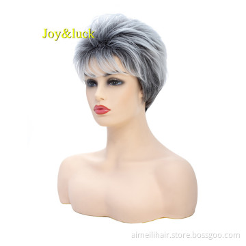 Wholesale Woman Wig With Bangs Cosplay Wig Grandma Black Ombre Silver Gray Natural Straight Short Synthetic Hair Wigs